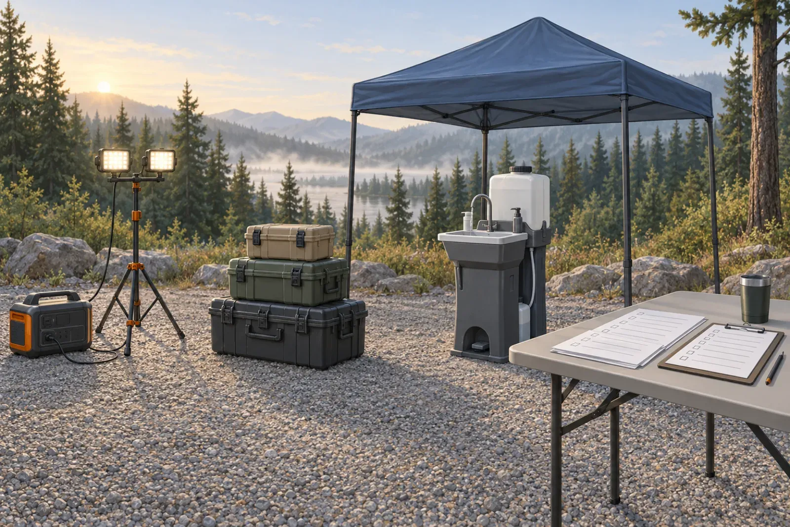 An illustrated outdoor site at dawn with a portable power station and tripod work lights, a stack of three rugged cases, a canopy over a portable handwashing station, and a table with checklists.