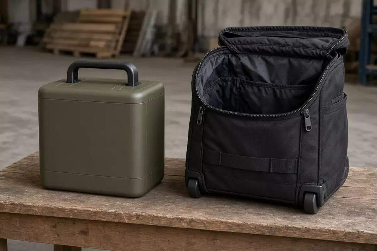 An olive box with a black handle beside an open black roller bag on a wooden bench.