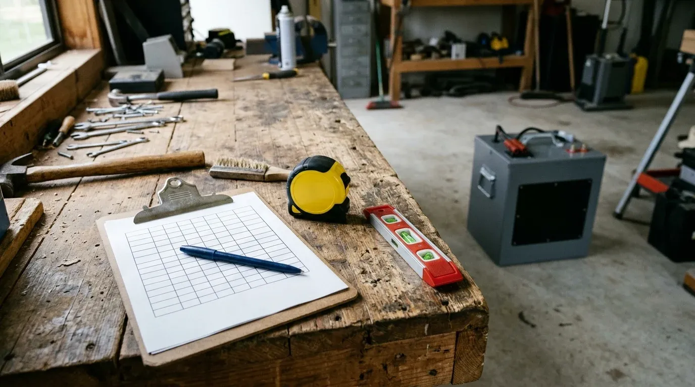 A wooden desk with a blank table grid on a clipboard, a tape measure, and a spirit level, with a portable power station on the floor behind.