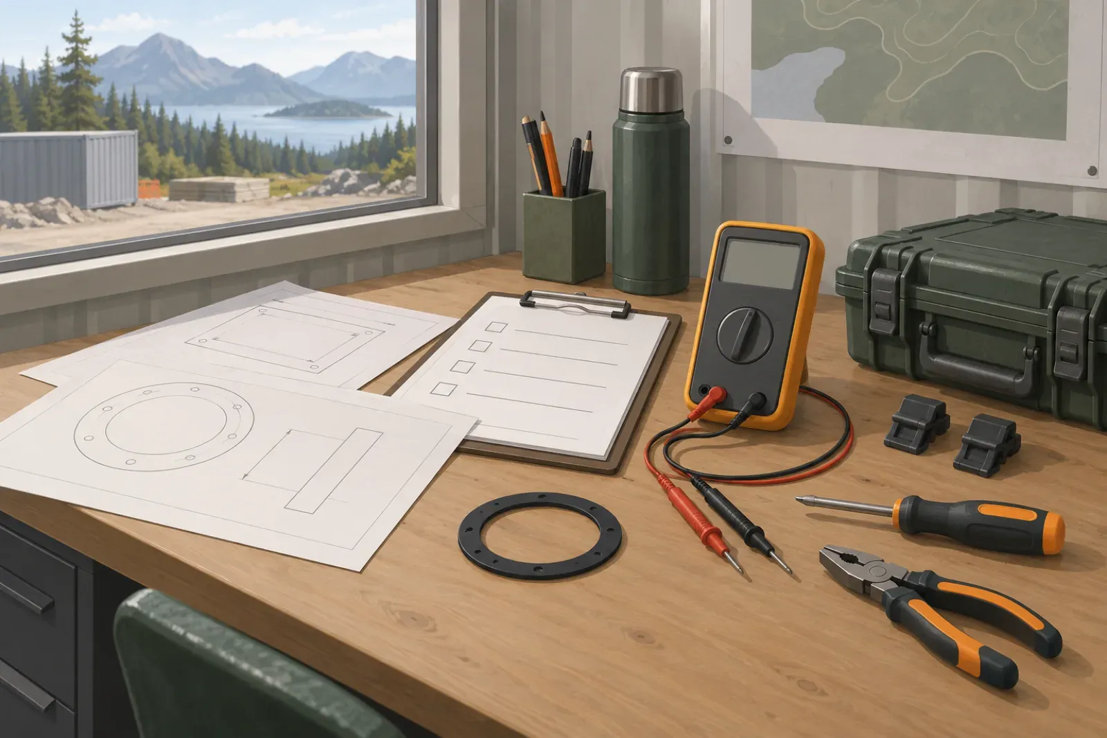 A desk in a site office with technical drawings, a checklist on a clipboard, a multimeter, a rubber gasket, pliers, a screwdriver and a rugged case, with a lake view through the window.