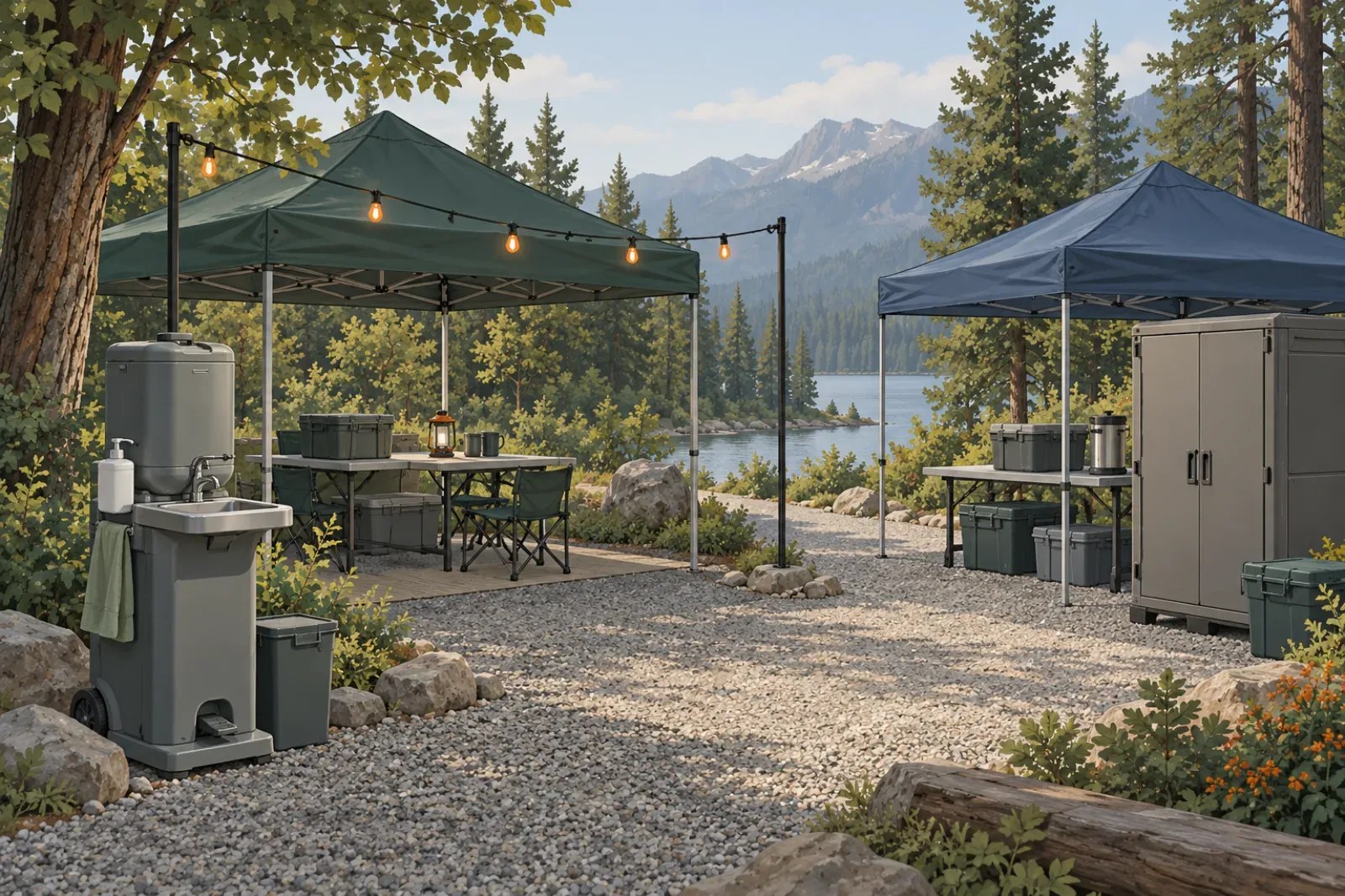 A campsite with two pop-up canopies, string lights, a portable handwashing station, folding tables and chairs, storage boxes and a tall outdoor cabinet beside a lake.