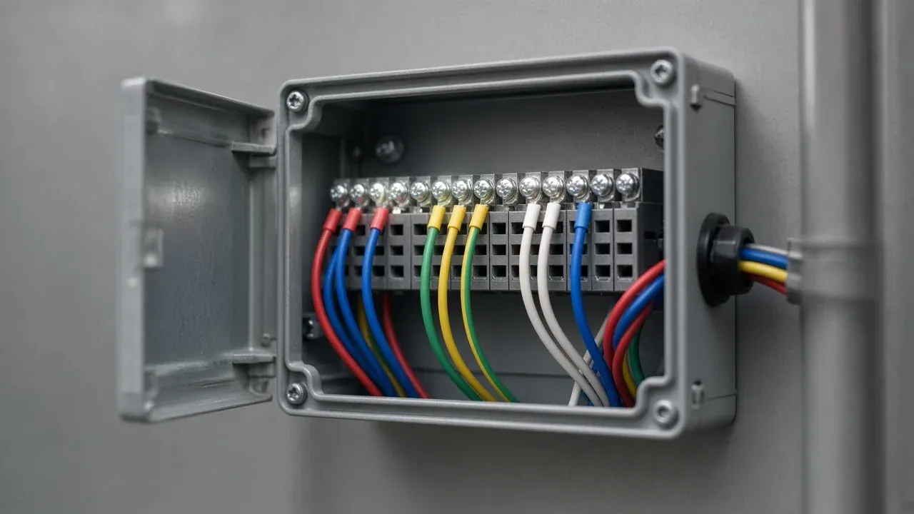 Open junction box with red, blue, green, yellow and white wires on a terminal strip, lit by a neutral work light.