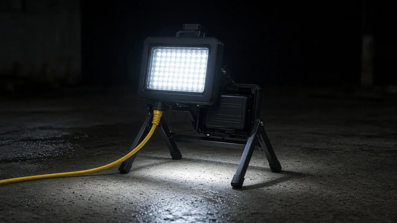 Unbranded portable flood light with a yellow cord plugged in and a battery bay open, on damp concrete at night.