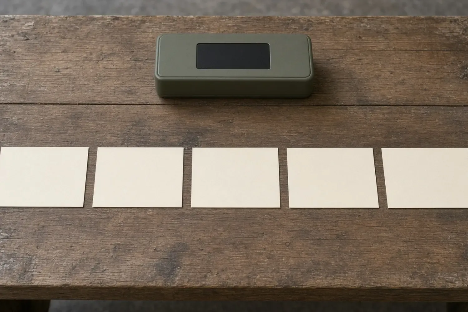 Five blank cards in front of a plain olive box. Copy the device requirement, copy the EPS and bypass lines, confirm one device, test, and accept only the written conditions.