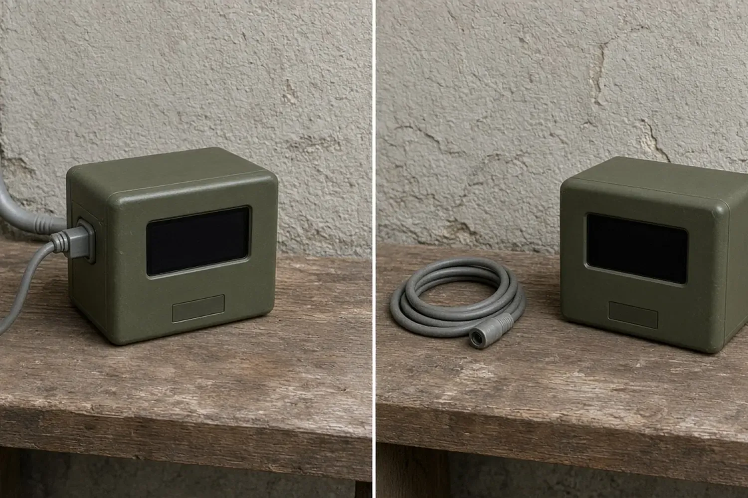 A plain station plugged into a wall cord, then the same kind of station with the cord coiled beside it. The stated times are within 30 ms and within 20 ms, and none is 0 ms.