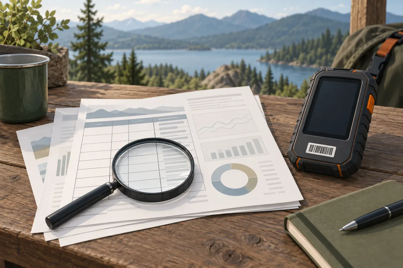 A multi-page test report under a magnifying glass on a table, next to a generic rugged handheld device and a small label with a blank barcode-like pattern.