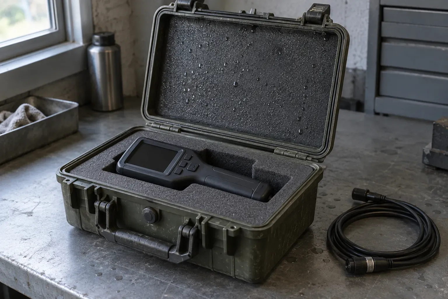An open olive equipment case with droplets on the inner lid and a handheld instrument in its foam cavity.