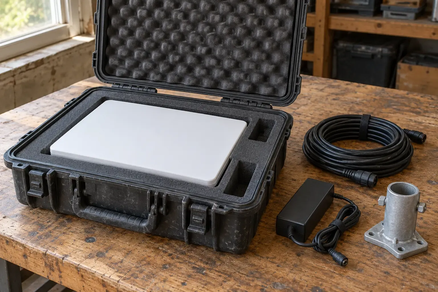An open dark charcoal polymer equipment case on a wooden workshop bench with a matte-white flat rectangular antenna panel seated in gray foam and coiled power cable, power brick, and metal pipe adapter beside it.