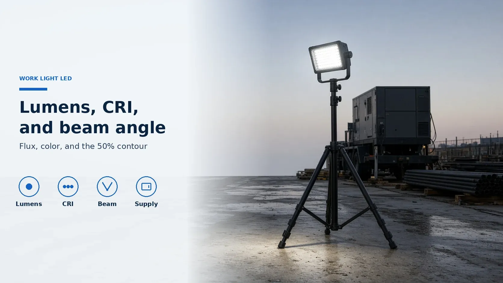 Cover titled Lumens, CRI, and beam angle, with the subtitle Flux, color, and the 50% contour, icons labeled Lumens, CRI, Beam and Supply, and an unbranded LED work light on a tripod at dusk.