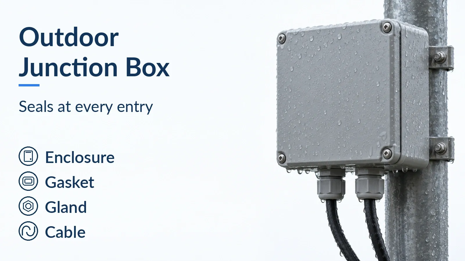 Labeled Outdoor Junction Box cover with the subtitle Seals at every entry, a blue bar, four circular icons labeled Enclosure, Gasket, Gland and Cable, and a wet gray box with two cable entries on the right.