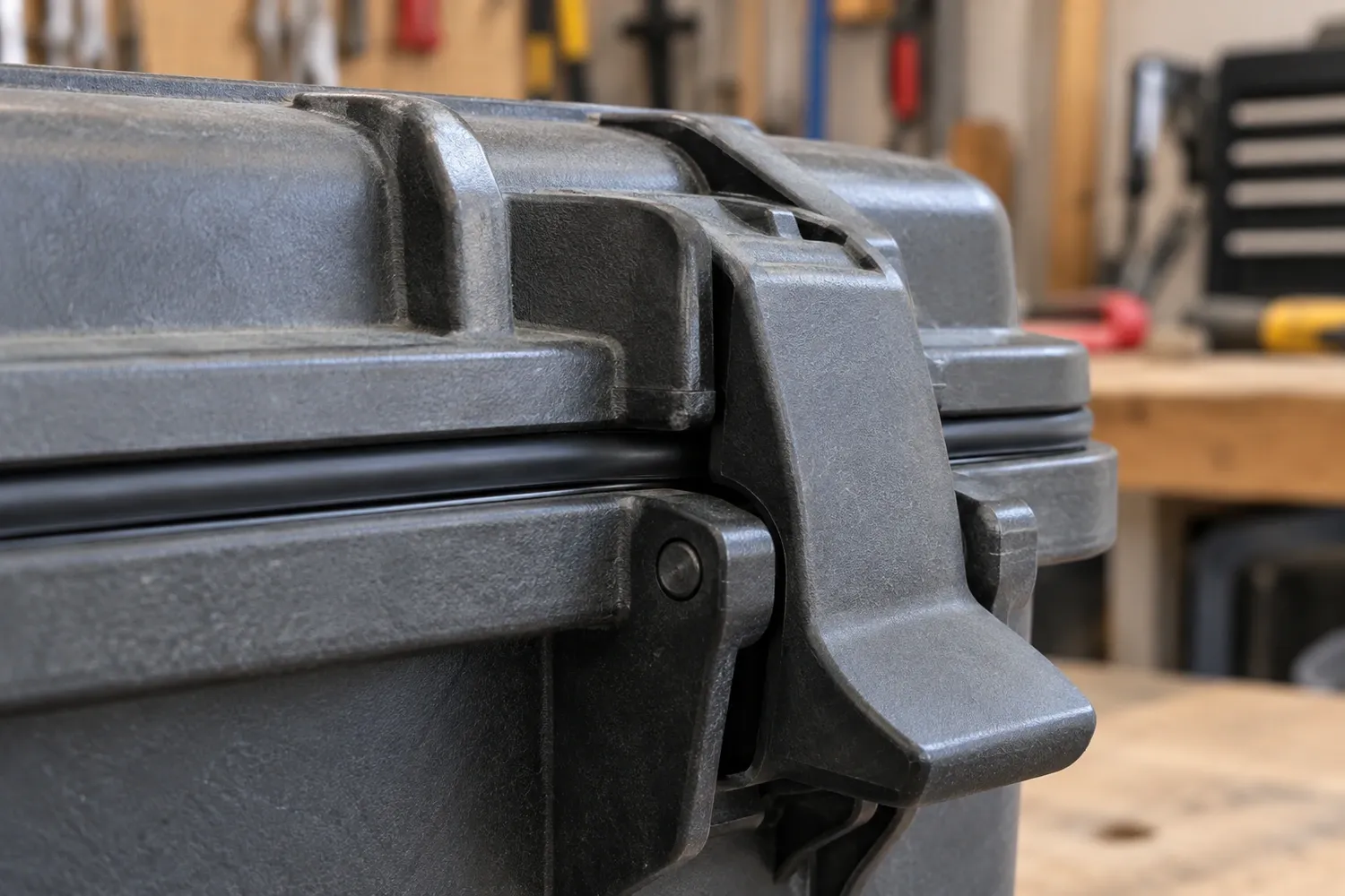 Close-up of a black polymer case latch beside the dark gasket line between the lid and case body.