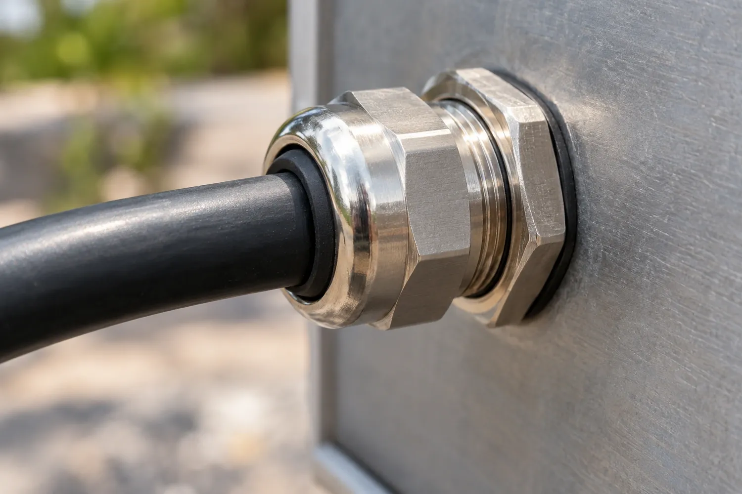 Metal cable gland with a black sealing ring around the cable jacket and a dark ring at the metal-wall interface.