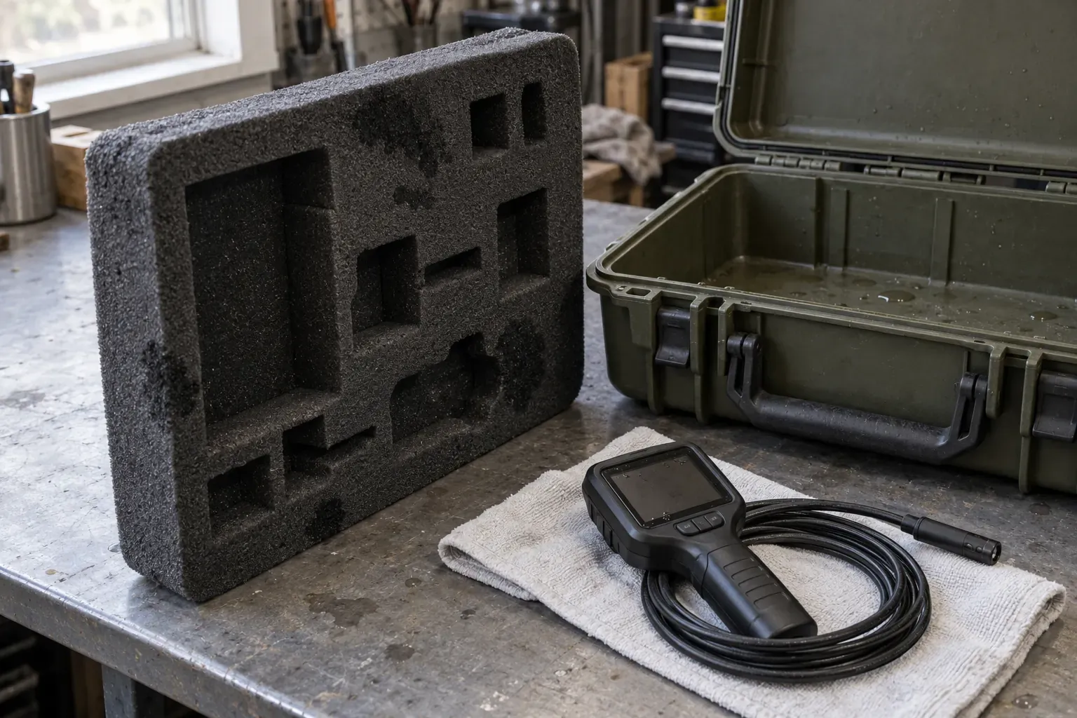 A gray foam insert standing beside an open empty case, with a handheld instrument and coiled lead on a folded cloth.