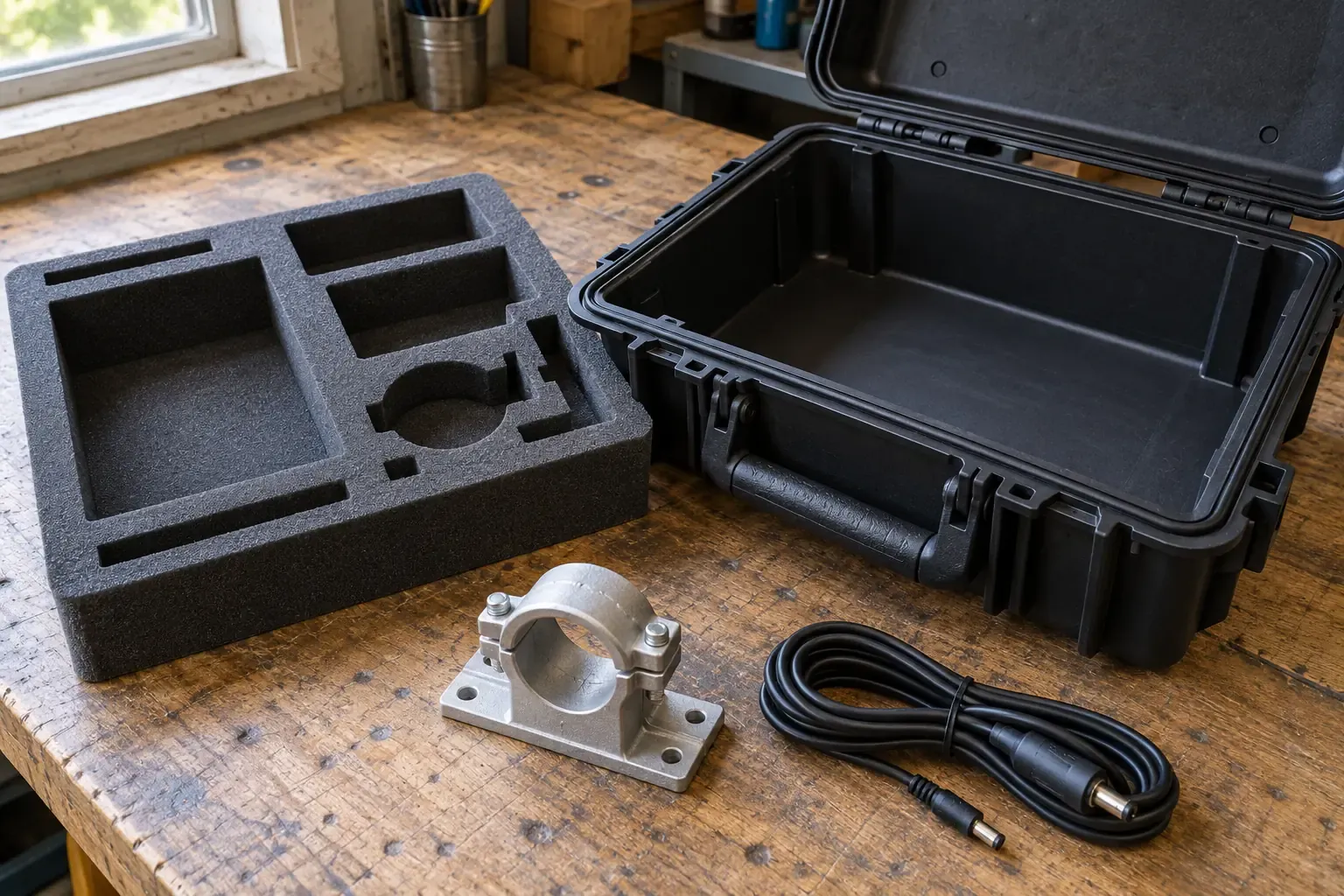 A removed dark gray custom-cut foam insert resting on a wooden workbench beside the open empty base of an unbranded black polymer case, a cast-aluminum pipe mount bracket, and a coiled black DC power cord.