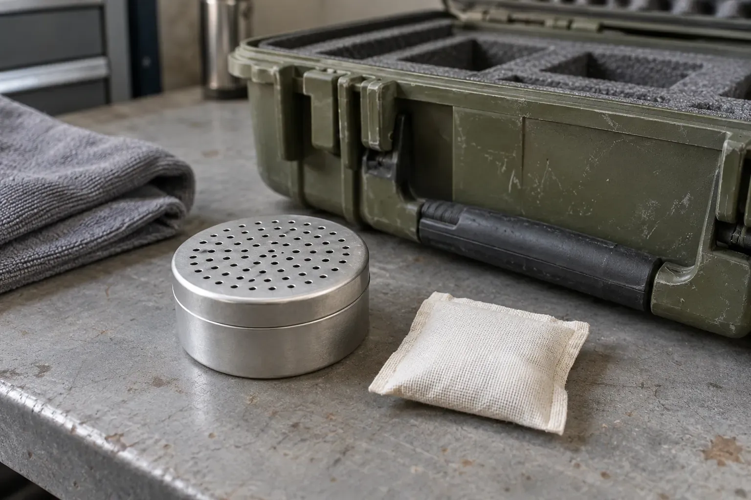 A plain perforated metal desiccant container and an unmarked fabric sachet beside an open equipment case and a folded cloth.