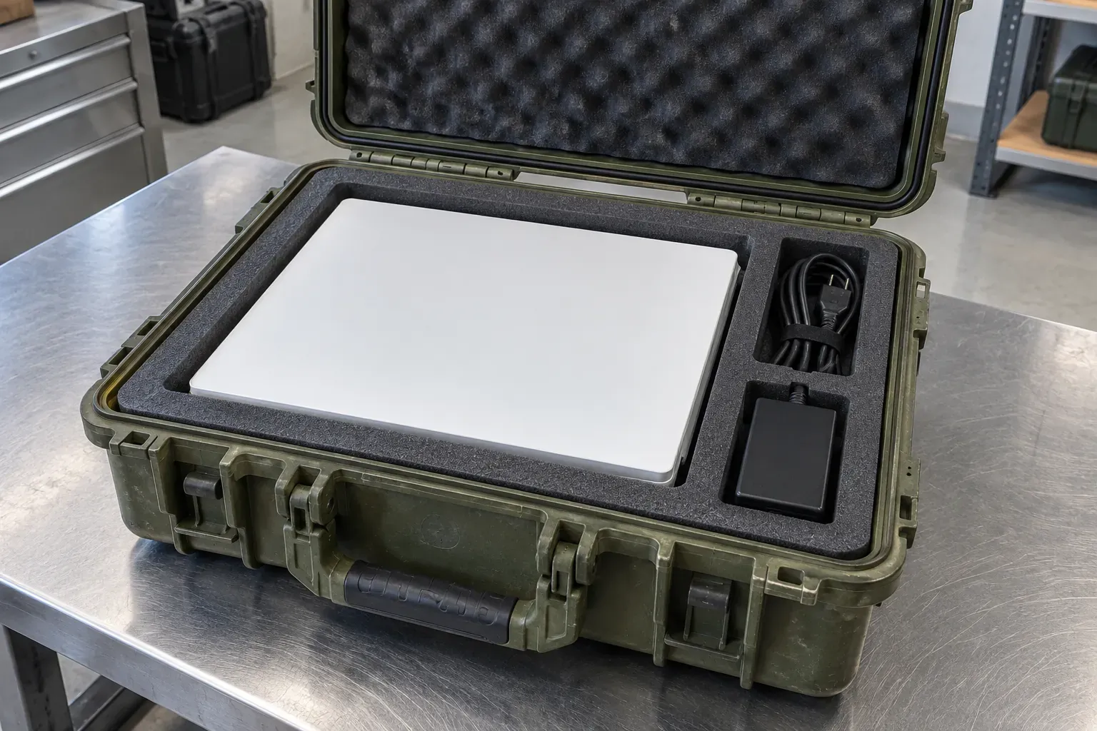 An open muted olive-drab hard polymer protective case on a brushed steel bench with a flat matte-white rectangular antenna panel seated flush in gray foam and a coiled black power lead and power brick stowed cleanly in side cutouts clear of the perimeter gasket lip.