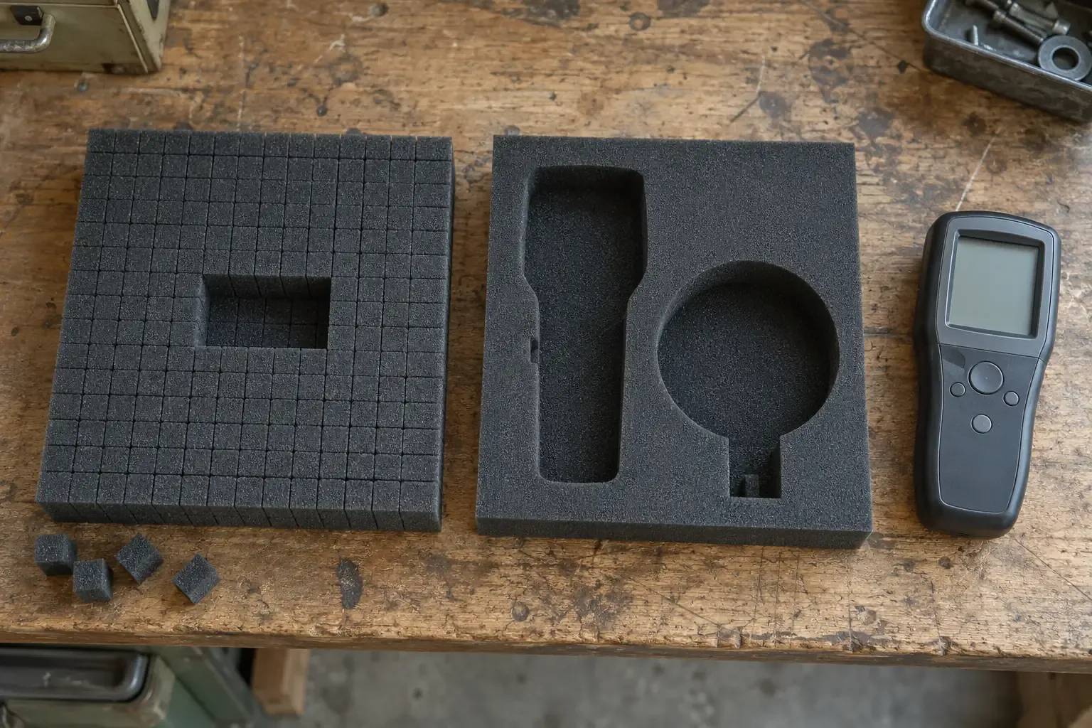 A removable pre-cubed foam block and a separate shaped foam insert on a plain workbench.