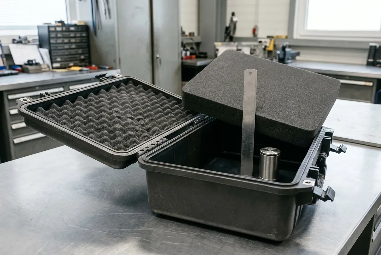 An open charcoal hard case on a steel workshop bench with its foam block lifted aside and a vertical steel straightedge standing against the lower base cavity wall beside a cylindrical sensor.