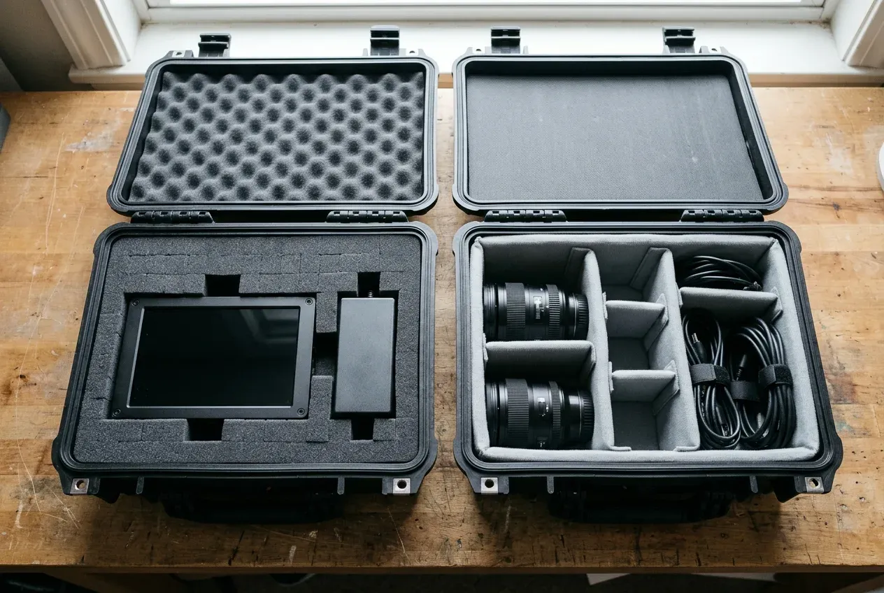 Two open hard equipment cases side by side on a wooden worktable comparing a cubed foam insert with thick perimeter walls on the left against a padded fabric divider tray organizing lenses and cables on the right.