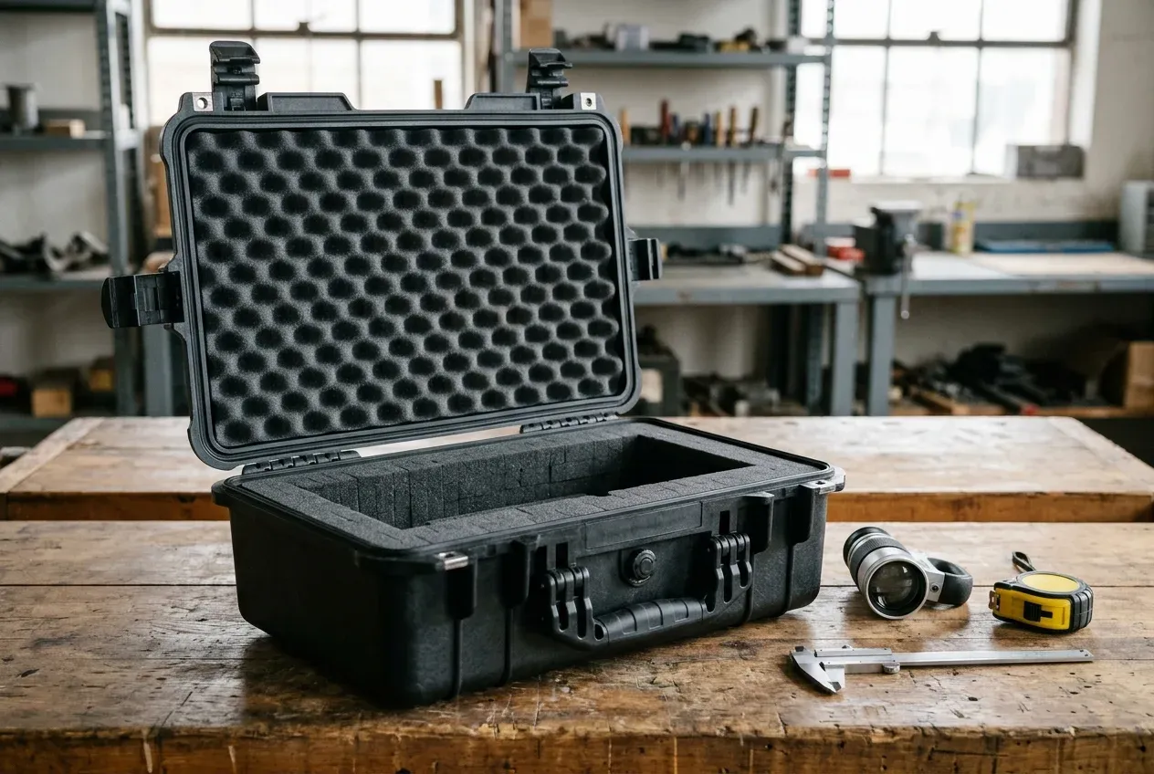 An open black hard equipment case on a wooden workbench showing convoluted lid foam and a cubed base foam cavity next to an optical instrument, a steel vernier caliper, and a tape measure.