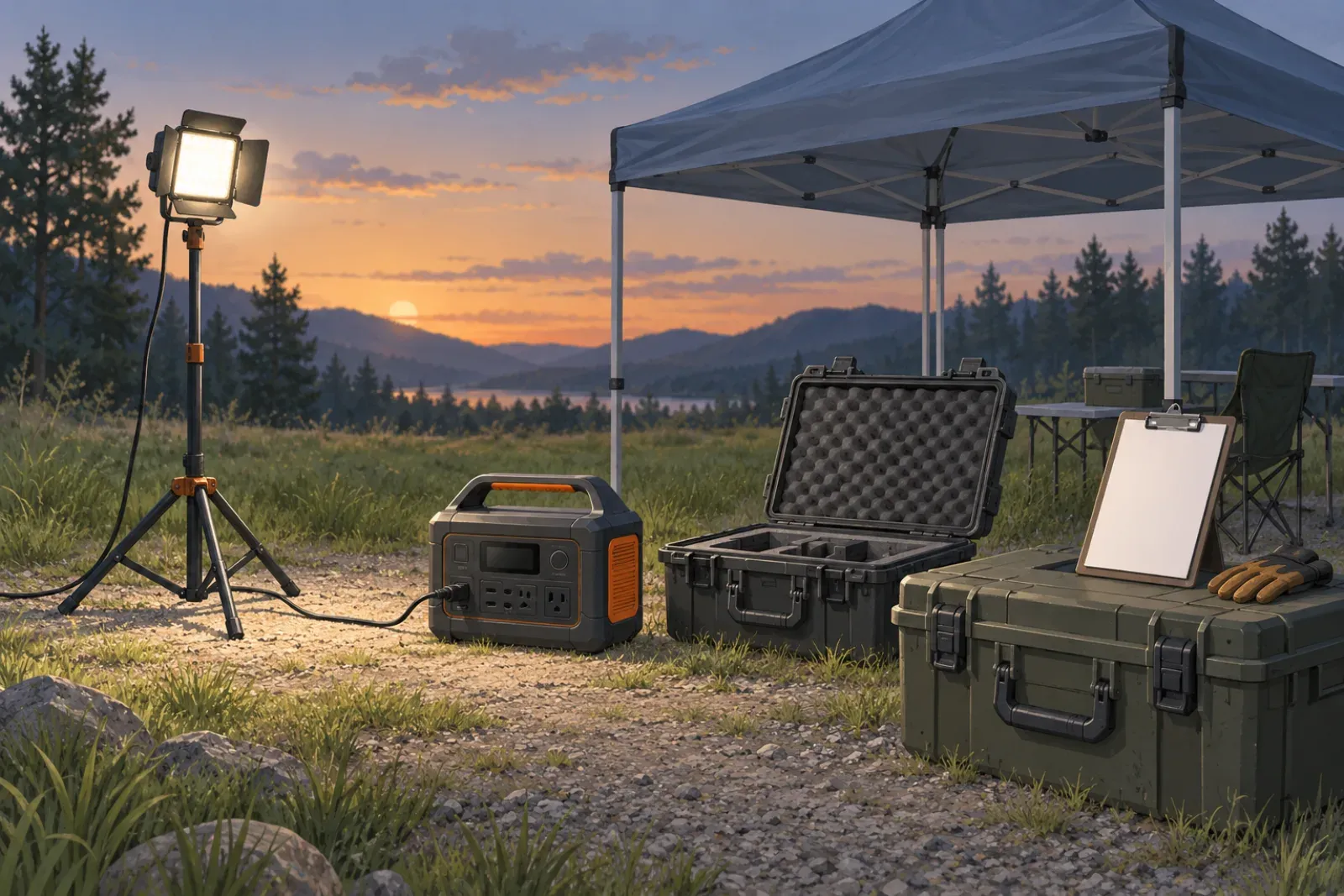 Illustration of an organized outdoor worksite with a portable power station, a tripod work light, rugged equipment cases and a canopy.