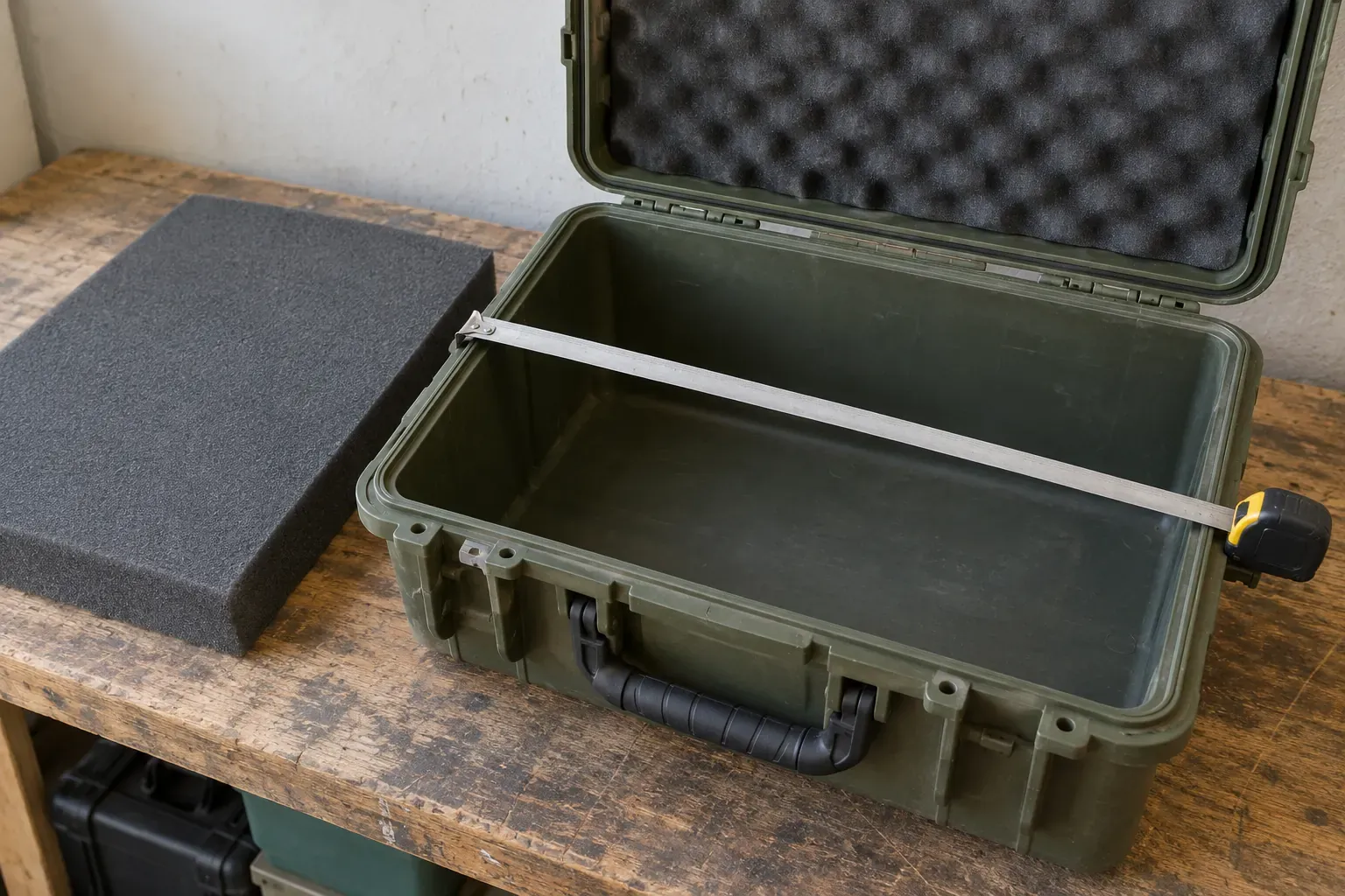 A tape measure laid across an empty hard-case base beside its foam insert, with the open lid visible behind.