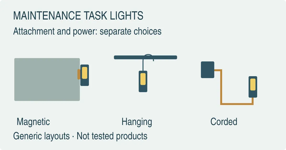 Illustrated task lights beside equipment: magnetic attachment, a hook on a support and a corded lamp with a routed cable.