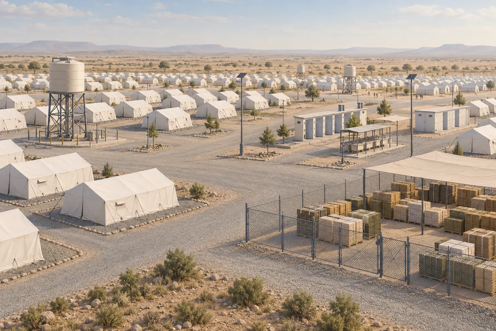 An orderly emergency camp on a flat, semi-arid plain in daylight, with long rows of identical white family tents on gravel plots, wide access roads, water tanks on stands, latrine and shower blocks, solar street lights and a fenced distribution area with stacked crates.