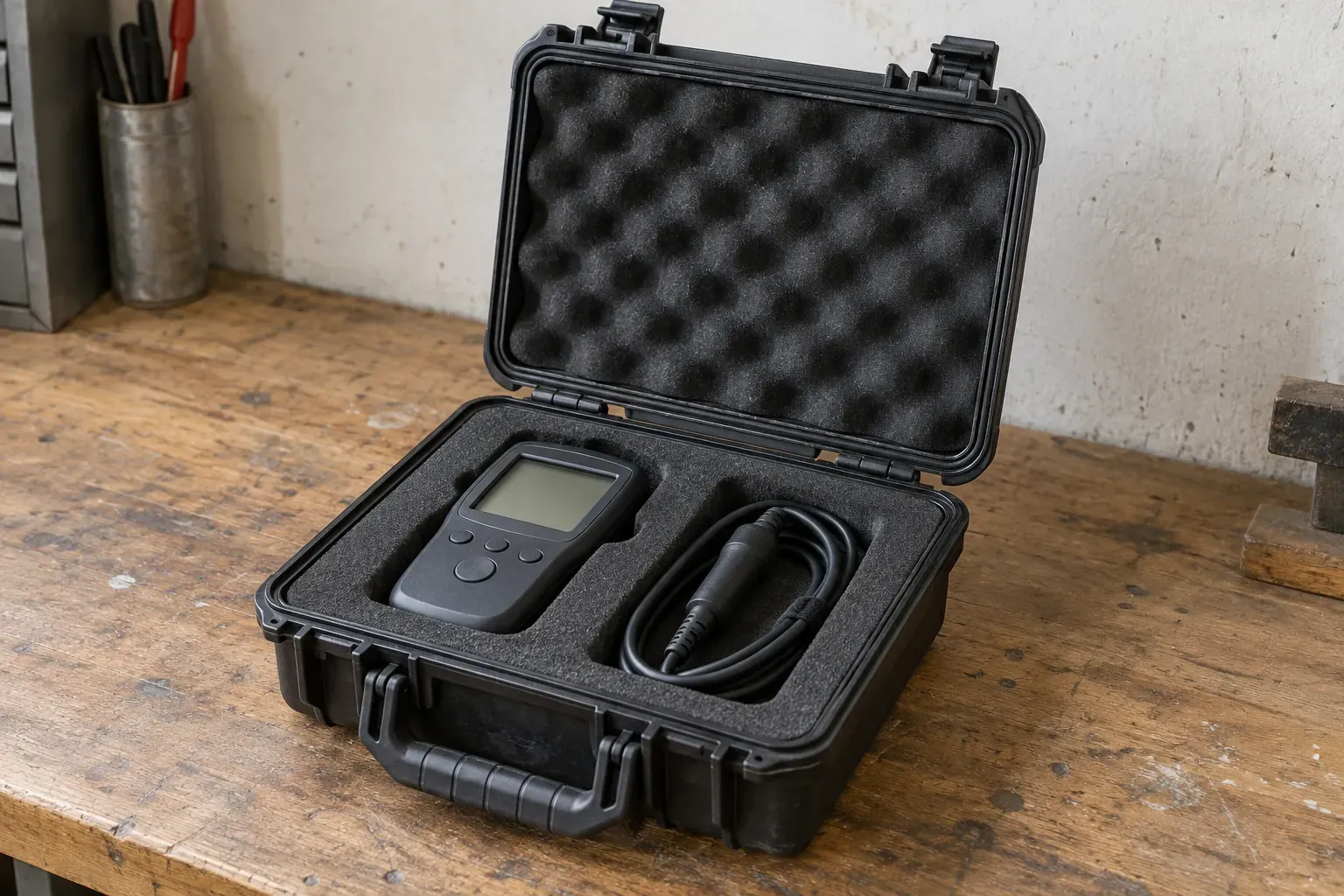 An open unbranded hard equipment case with a foam-lined lid, base insert and a handheld instrument on a storage bench.