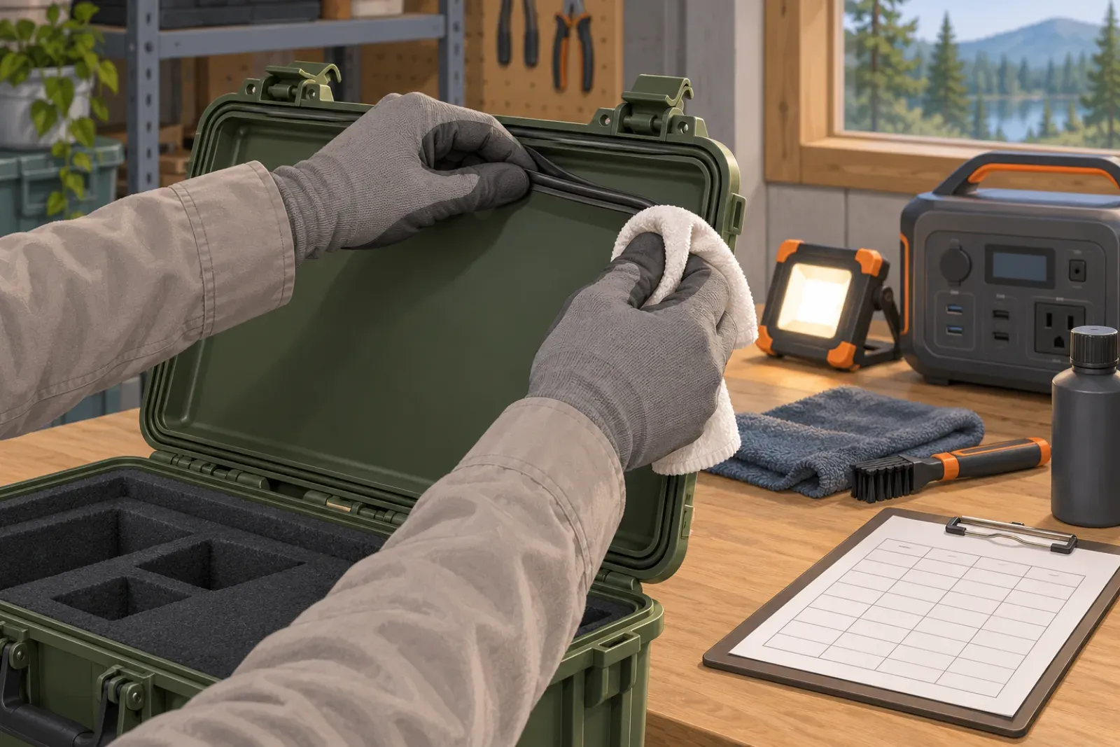 Gloved hands cleaning and inspecting the gasket of an open hard case on a workbench, with a work light, a portable power station and a maintenance log clipboard in the background.