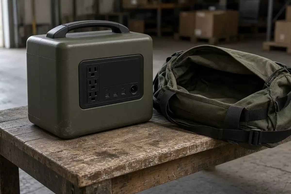 An olive power box with a dark outlet panel beside an open canvas bag on a wooden bench.