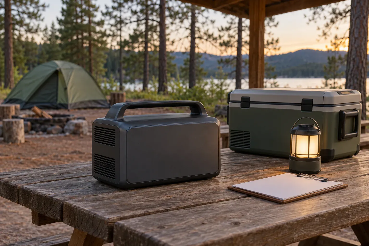 A portable power station, closed camping fridge, lantern and clipboard on a sheltered picnic table beside a tent.