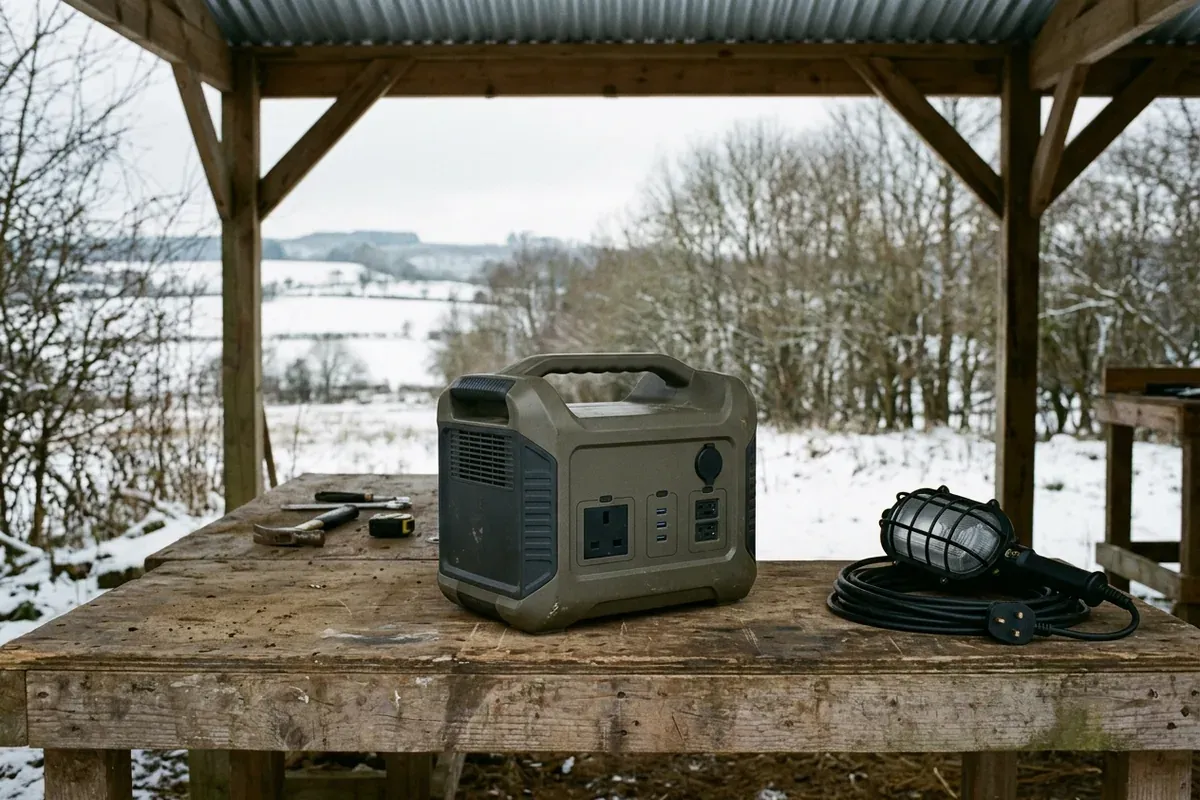 A dark portable power station and a disconnected work light on a dry covered bench with snow beyond the shelter.