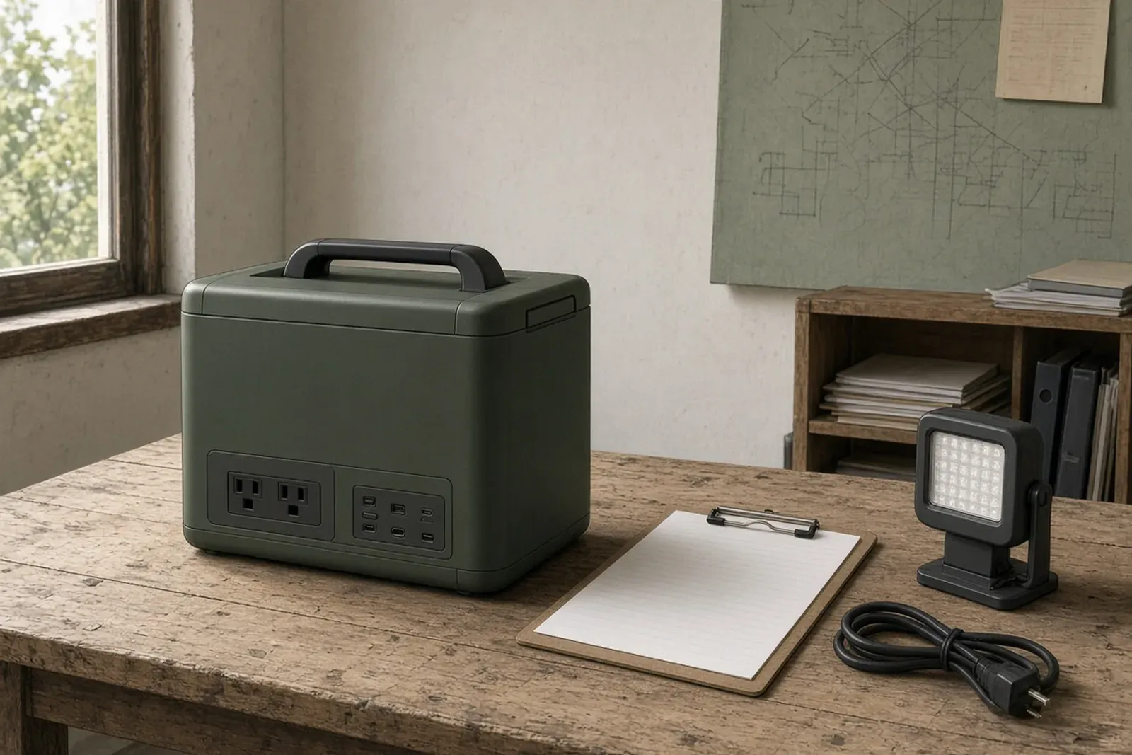 A generic olive portable power station on a wooden workbench beside a blank clipboard, an unplugged work light, and a loose power cord.