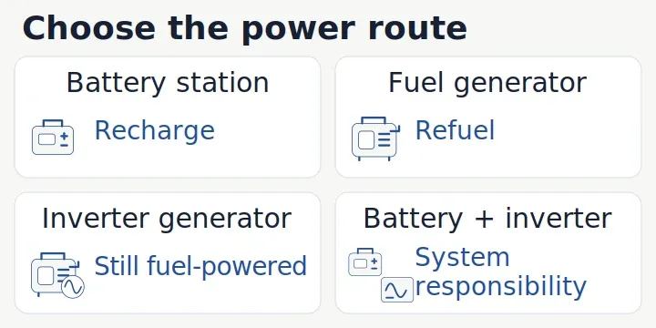 Four illustrated power routes: integrated battery station, conventional fuel generator, inverter fuel generator and professionally designed modular battery system.