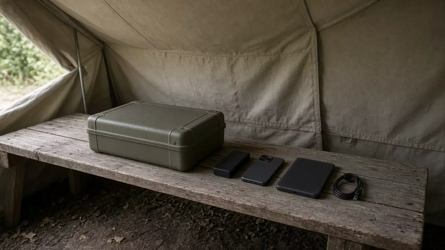 An olive box, a slim black pack, a face-down phone, a face-down tablet, and a coiled cable on a wooden bench inside a canvas tent.