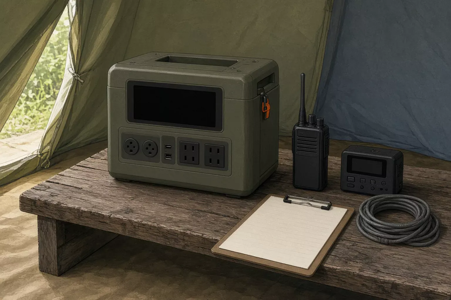 A generic olive portable power station on a wooden bench in a canvas tent, with an unbranded radio, a small recorder, a coiled cable, and a blank clipboard.