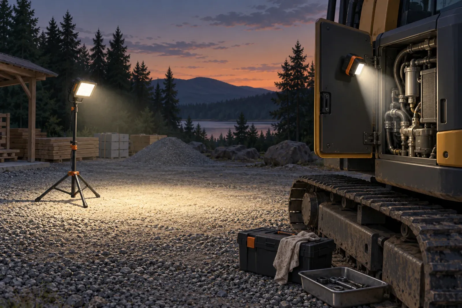 Two unbranded LED work lights at an outdoor worksite at dusk: a tripod flood light lighting a wide area and a compact magnetic task light aimed at a machine panel.