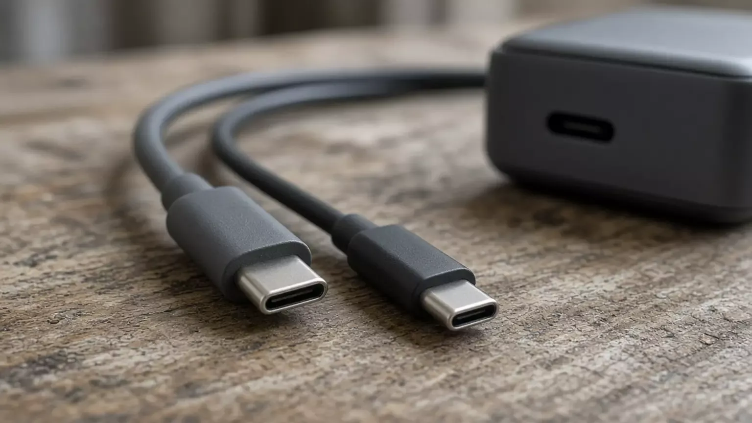 Two USB-C cable tips, one thicker than the other, on a wooden bench beside a gray device with a blank port.