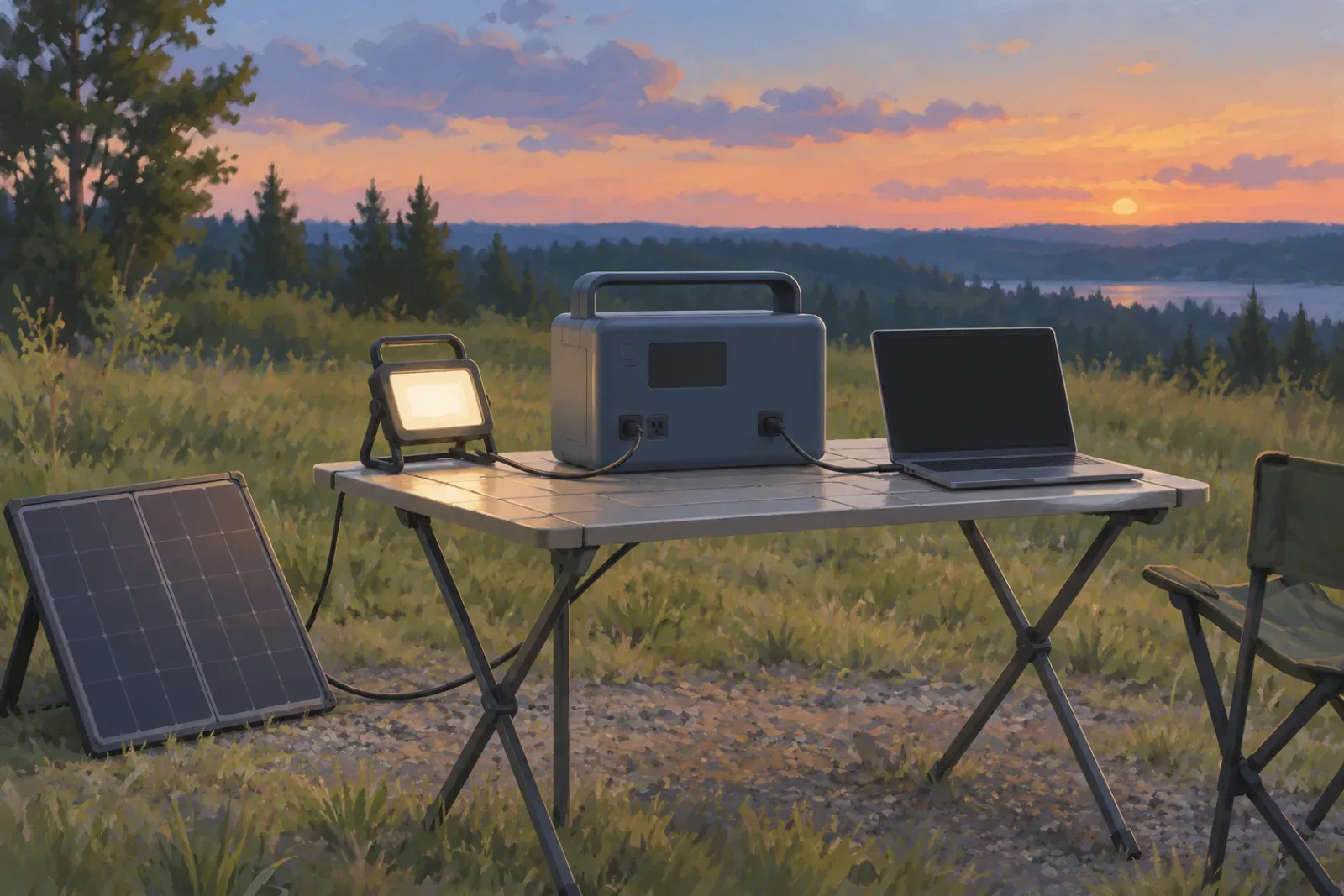 A portable power station on a folding table at dusk, connected to a work light, a laptop and a solar panel standing in the grass.