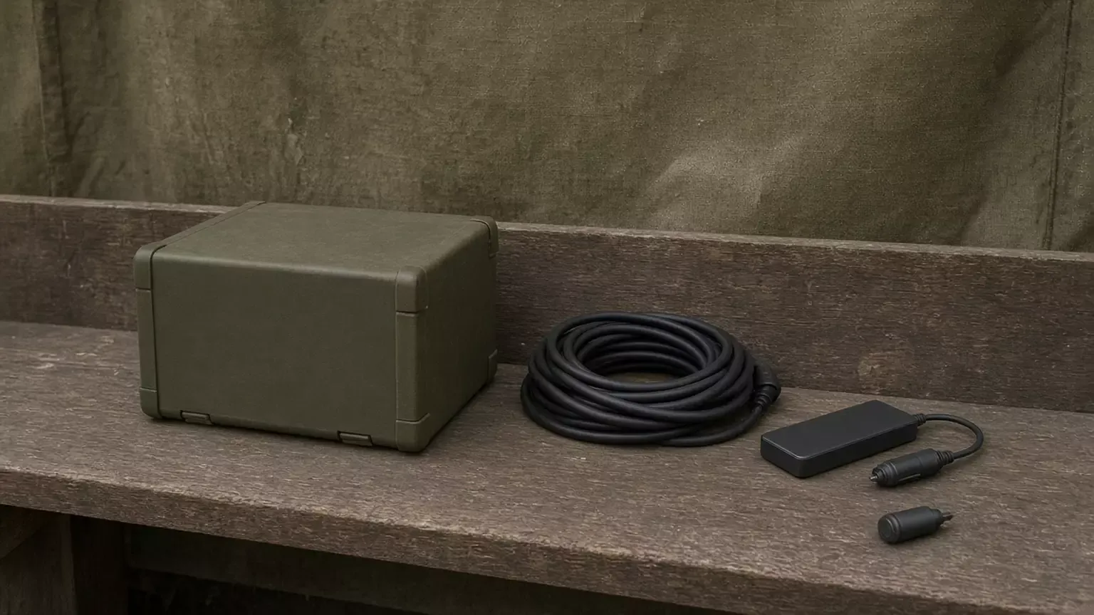 An olive box, a coiled black cord, a slim black pack with a short cable, and a separate lighter-style plug on a wooden bench.