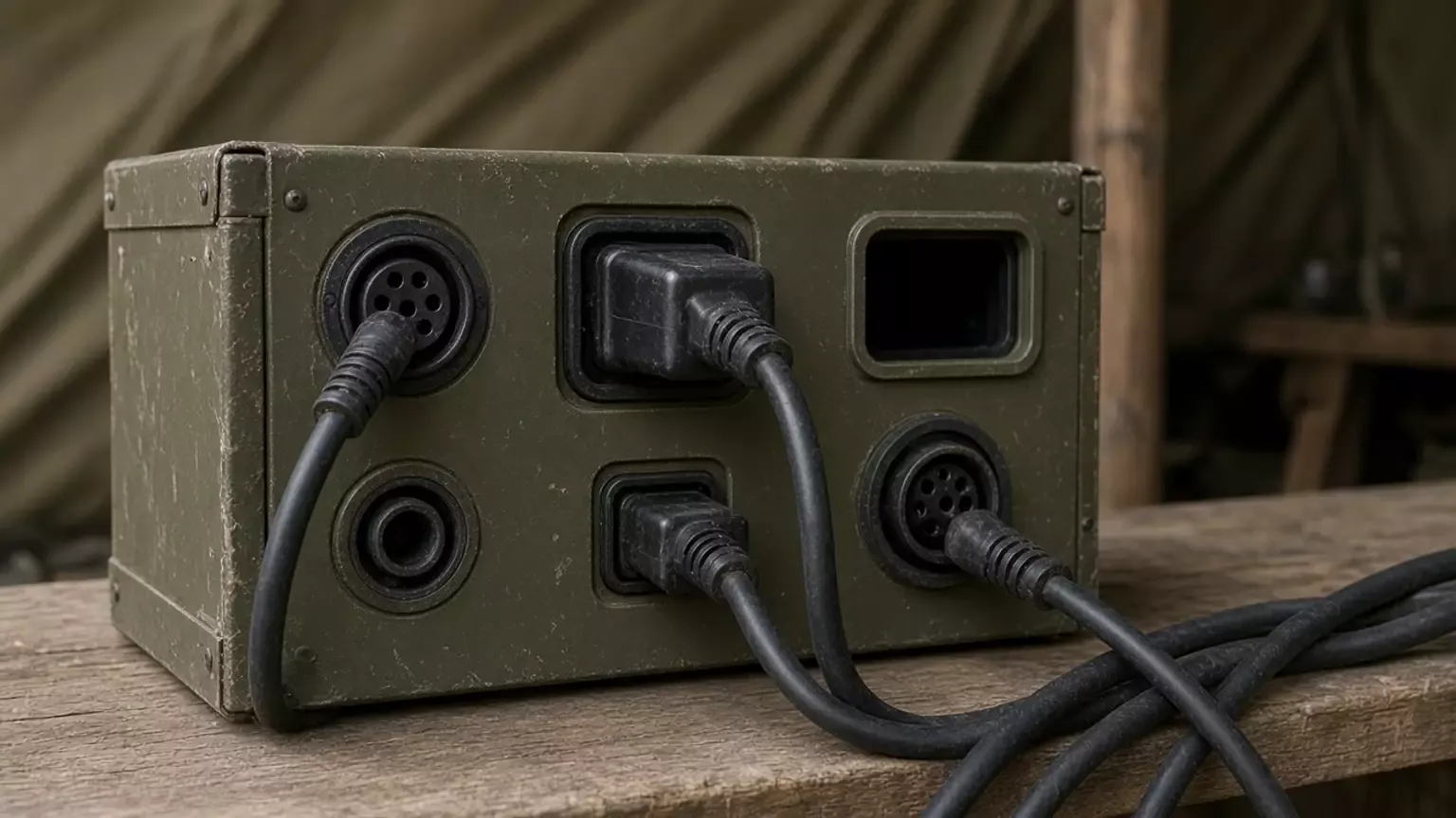 Several black cables plugged into sockets on the side of an olive box, with one socket empty, on a wooden bench.