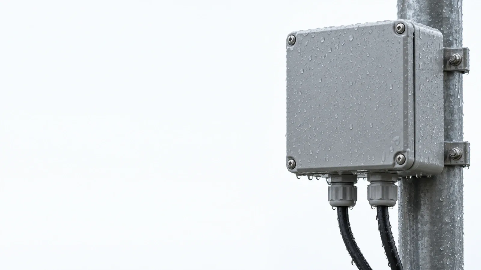 Wet gray junction box mounted on a post, with two cable glands and black cables entering from below.
