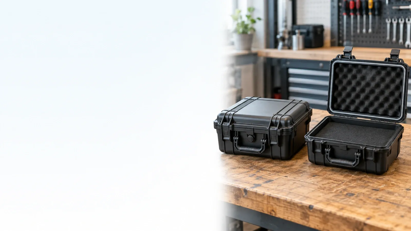 Two unbranded black hard cases on a workshop bench, one closed and one open with a foam-lined lid and insert.
