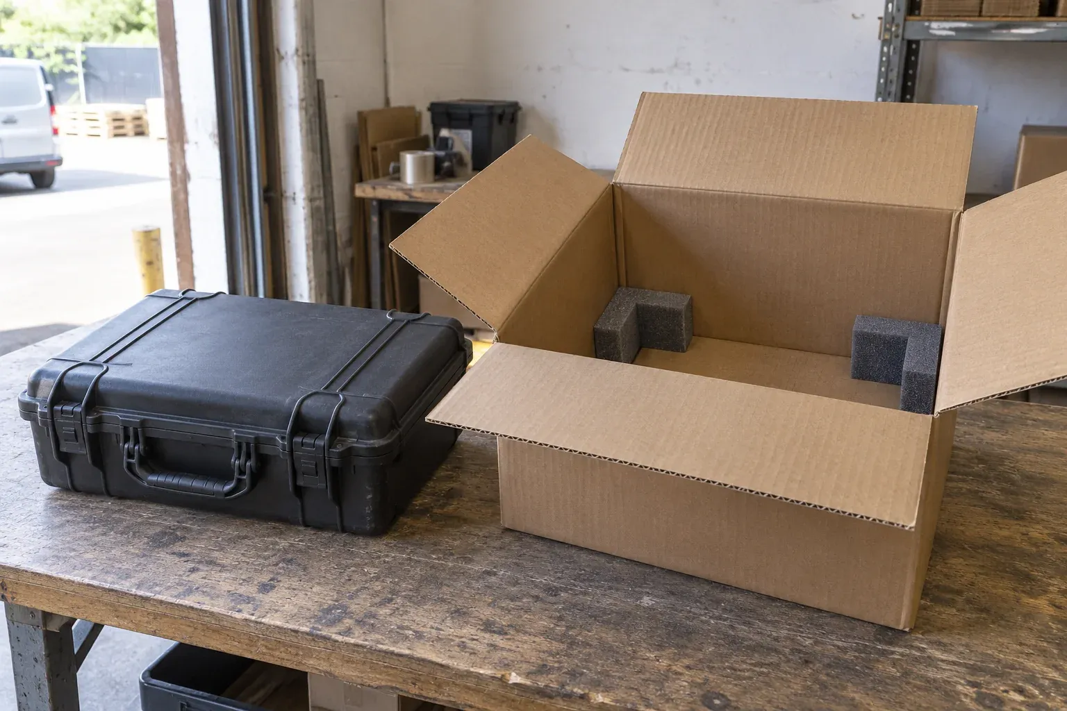 A closed equipment case beside an open plain shipping carton with protective corner blocks at a modest dispatch bench.