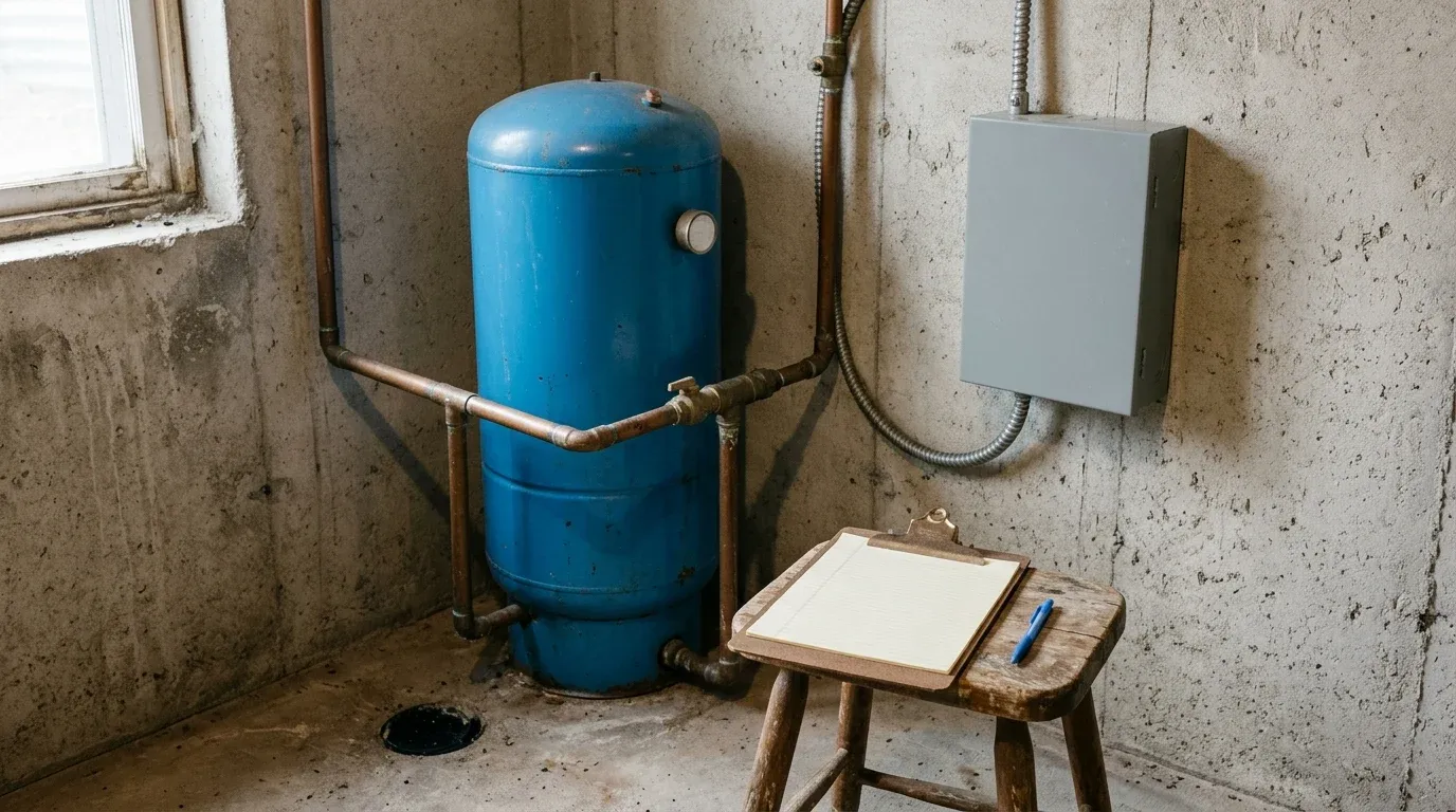 A residential well pressure tank and closed pump control box in a utility room with a clipboard and pen in the foreground.