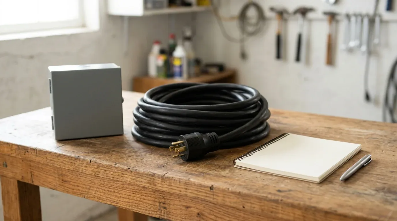 A coiled heavy-duty power cord with an unplugged twist-lock connector resting on a workbench beside a closed metal transfer switch box and a notebook.