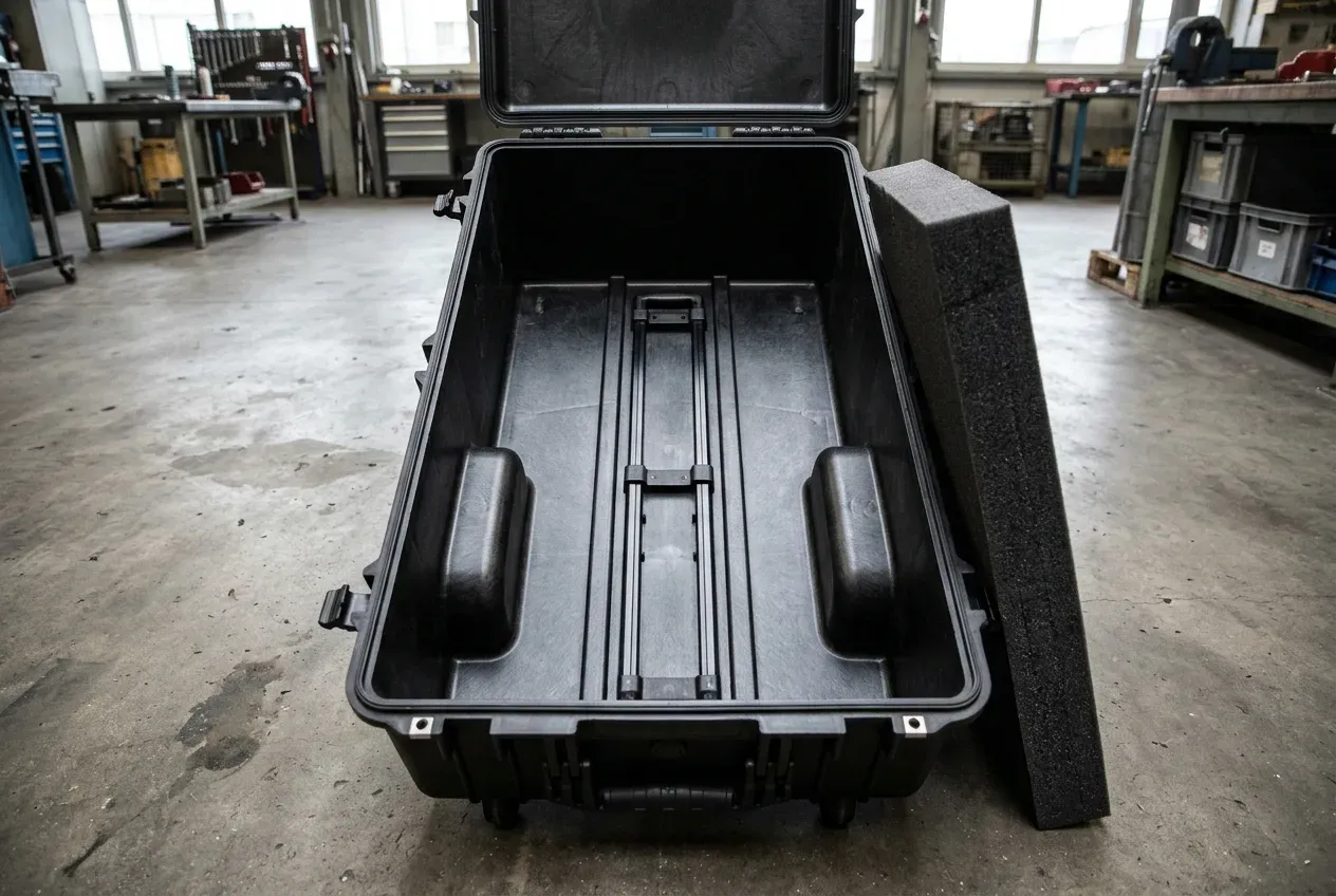 An empty wheeled black hard equipment case open on a workshop floor showing the two raised interior corner wheel housings and central handle recess channel with the removed foam pad leaning beside the shell.