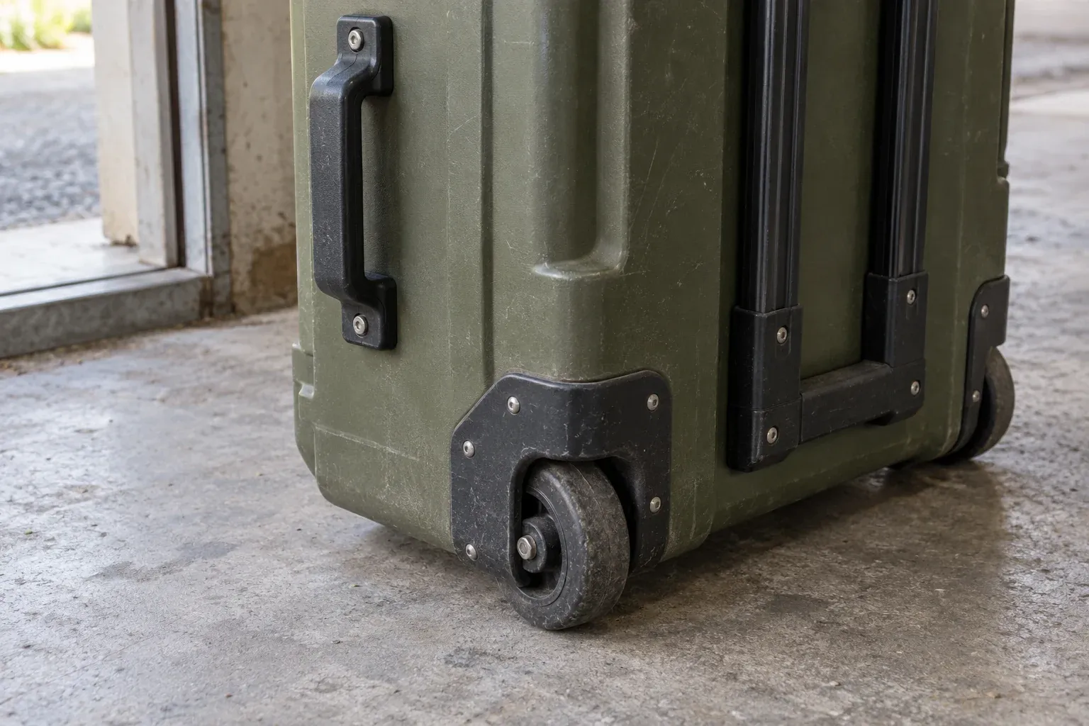 The wheel housing, fixed side handle and stowed pull-handle rails of an unbranded case beside a loading-area threshold.