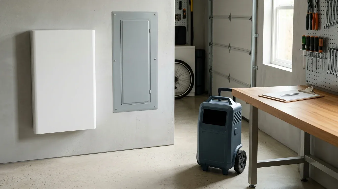 A residential utility garage showing a wall-mounted battery enclosure beside a closed electrical panel and a wheeled portable power station near a workbench.